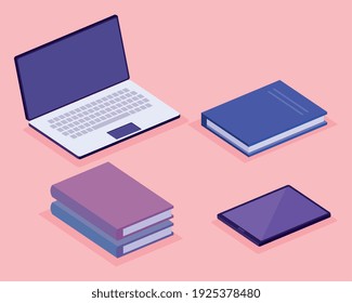 books and laptop isometric workspace set icons vector illustration design