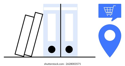 Books leaning against upright folders, blue shopping cart icon in speech bubble, and location pin. Ideal for office supplies, e-commerce, book store, retail, organization, logistics, minimalism