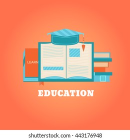 Books for learning. Banner template with book. Set of elements for reading. Vector illustration of education. Background for invitation cards, web pages, covers, posters.