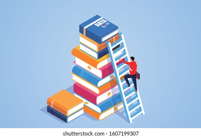 Books and learning concept, businessman climbing a pile of books