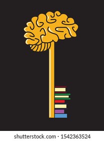 Books and learning is the key to knowledge concept. A golden key with books of different colors as part of a key to symbolize the key to knowledge symbolized as a brain.