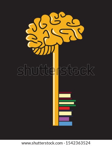 Books and learning is the key to knowledge concept. A golden key with books of different colors as part of a key to symbolize the key to knowledge symbolized as a brain.