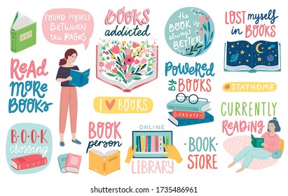 Books letterings, reading people and other elements. Motivational quotes set. Flat Vector illustration.