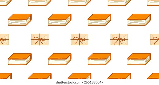 Books and Letters Seamless Pattern. Cartoon seamless pattern with hardcover books and tied letters. Flat warm design for cozy reading and nostalgic mood.
