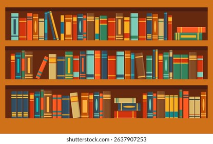 Books in library bookcase. Book shelves with multicolored books. Vector stock