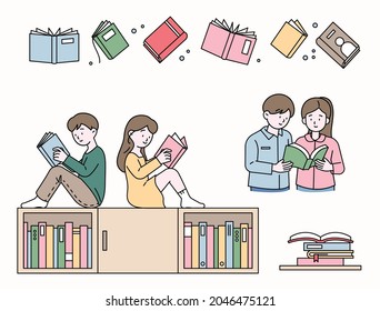 books in the library. Children are reading a book together. outline simple vector illustration.