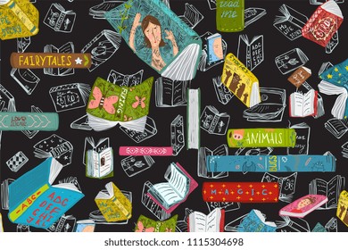 Books Library Dark Background. Education and hobby reading books design. Vector illustration.