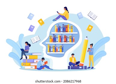 Books library in head shape with shelves. Library bookshelves. Knowledge or education, intelligence experience. Information base in people head. Mind training with literature reading or study