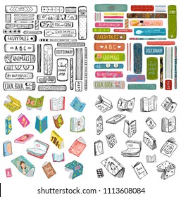 Books Library Reading Objects Collection. Books outline and colored naive style hand drawn bundle. Vector design.