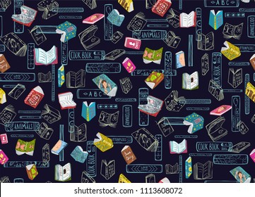 Books Library Seamless Pattern Dark Background. Bookworm dense and tight background with books. Vector illustration.