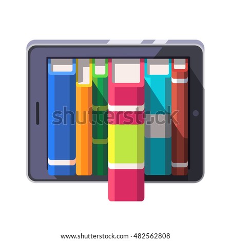 Books library shelve concept on a tablet computer or e-reader. Flat style modern vector illustration isolated on white background.