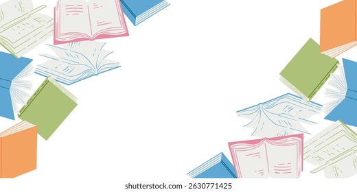 Books line art pattern frame vector illustration for decoration, background,etc. One line drawing of book colored line icon.