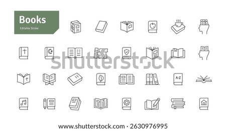 Books Line Editable Stroke Icon Set. Education, Study, Library, Reading, Science, Student, Graduation, Bookstore Icons Vector Illustration