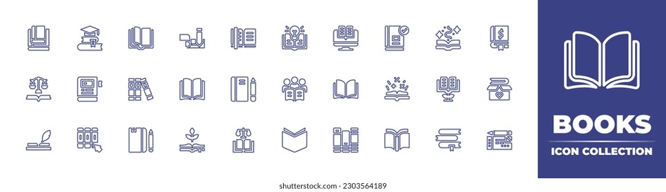 Colección de iconos de línea de libros. Trazo editable. Ilustración vectorial. Conteniendo lectura, ebooks, libro abierto, cheque, marcador, conocimiento, tienda online, libro de finanzas, ley, libro de notas, estudiante.