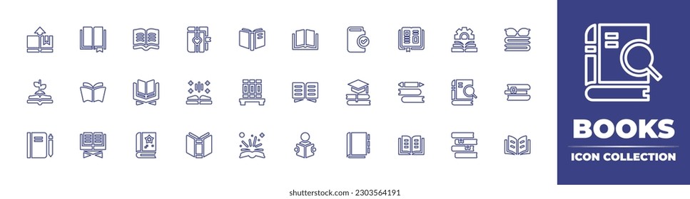 Books line icon collection. Editable stroke. Vector illustration. Containing book, read, open book, planner, manual book, books, growth, reading, quran, book shelf, education, diary, search, notebook.