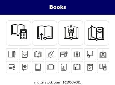 Books line icon set. Novel, information, fairytale. Education concept Can be used for topics like knowledge, school, library