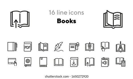 Books line icon set. Novel, information, fairytale. Education concept Can be used for topics like knowledge, school, library