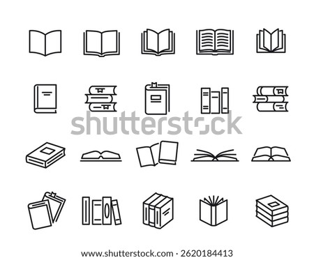 Books line Icon Set. Simple symbols with open textbooks, stacks of books to read and literature in library. Editable stroke. Outline vector illustration collection isolated on background