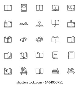 Books line icons set. linear style symbols collection, outline signs pack. vector graphics. Set includes icons as open book page with bookmark, textbook, notebook, library, bookshelf, bookstore