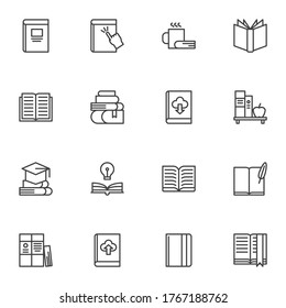 Books line icons set, outline vector symbol collection, linear style pictogram pack. Signs, logo illustration. Set includes icons as online ebook download, bookshelf, literature, book page, notebook