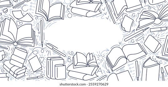 Books line pattern. Art sketch education template on transparent background for library, lesson at school, lecture design, education day. Vector graphic illustration. Editable stroke