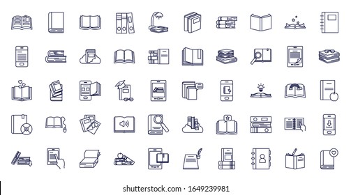 Books line style icon set design, Education literature read library school university information learning and text theme Vector illustration