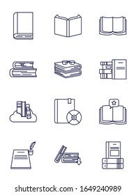 Diseño de conjunto de iconos de estilo de línea de libros, literatura de educación lectura biblioteca escuela de información universitaria aprendizaje y tema de texto Ilustración de vectores