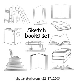 Books linear sketch symbols set. Stack, opened and closed books isolated icons set on white background. Vector library and bookstore elements in a flat style. 