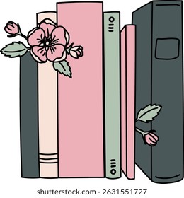 Books are lined up with flowers nestled between them in a cartoon style. Floral elements add a decorative touch to the stacked books. Cartoon vector illustration.