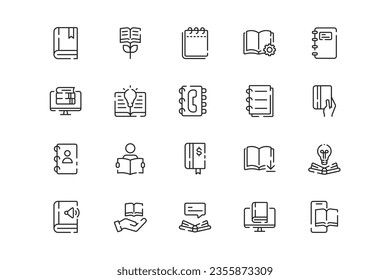 Books lines icon set. Books genres and attributes. Linear design. Lines with editable stroke. Isolated vector icons.