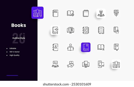 Conjunto de iconos de líneas de libros. Libros géneros y atributos. Diseño lineal. Líneas con trazo editable. Iconos aislados del vector.