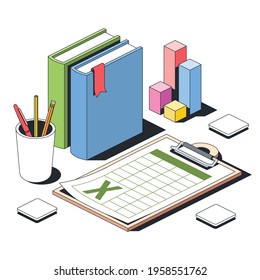 Books Literature, Graph And Table, Glass With Pencils And Pen. Vector 3d Line Isometric, Color Web Icons, New Flat Style. Creative Design Idea For Infographics.