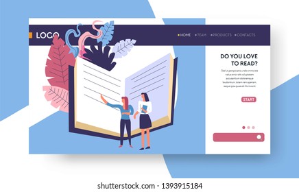 Books and literature reading online library archive landing web page template vector readers education and knowledge novels and scientific encyclopedias learning and recreation Internet site mockup