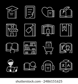 Books and literature, white line icons. Bookstore, library, and bookshelf symbols. Perfect for educational and literary themes. Symbols on black background. Editable stroke.