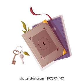 Books with lock, keys and cup of tea. Bookstore, bookshop, library, book lover concept. Isolated vector illustration for card, postcard, poster, banner.