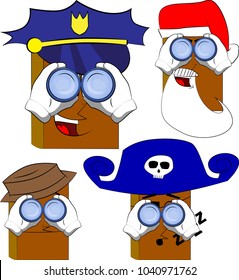 Books looking through binoculars. Cartoon book collection with costume faces. Expressions vector set.