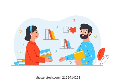 Books lover club. Man and girl in library discussing what they have read. Love for literature, education and fiction. Useful hobby with friends, poster or banner. Cartoon flat vector illustration