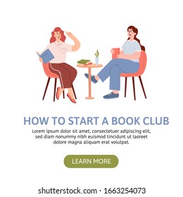 Books lover club vector landing page with two young woman sitting near table and reading books. Book fair, reading club, world book day concept