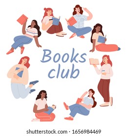 Books lover club vector template with different young woman reading books. Book fair, reading club, world book day concept