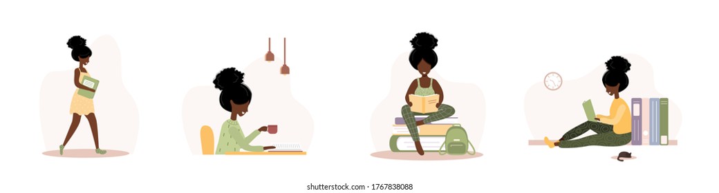 Books lovers. African reading women holding books. Preparing for examination or certification. Knowledge and education library concept, literature readers. Set of vector illustration in flat style.