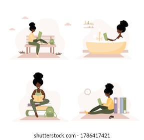 Books lovers. African reading women holding books. Preparing for examination or certification. Knowledge and education library concept, literature readers. Set of vector illustration in flat style.