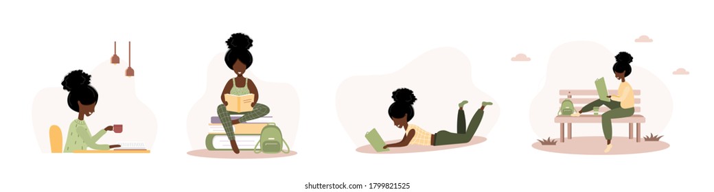 Books lovers. African reading women holding books. Preparing for examination or certification. Knowledge and education library concept, literature readers. Set of vector illustration in flat style.