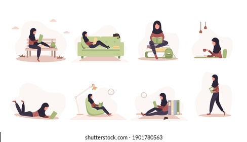 Books lovers. Arab reading women holding books. Preparing for examination or certification. Knowledge and education library concept, literature readers. Set of vector illustration in flat style