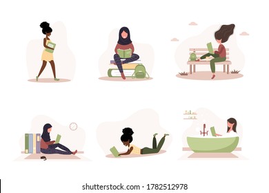 Books lovers. Cute reading women holding books. Preparing for examination or certification. Knowledge and education library concept, literature readers. Set of vector illustration in flat style.