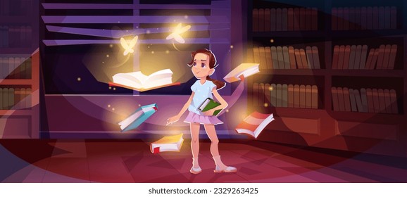 Books with magic. Kid in magic library with flying textbooks at night. Young girl in bookstore room or bookshop. Magician character reads fairy tales or stories. Cartoon flat vector illustration