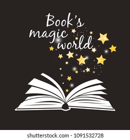 Books Magic world poster. Open book with white pages and golden magical asterisks vector illustration