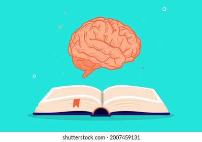 Books makes you smart - Open book lying with human brain above. Metaphor for intellect and intelligence. Vector illustration.