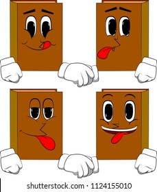 Books making handshake. Cartoon book collection with happy faces. Expressions vector set.