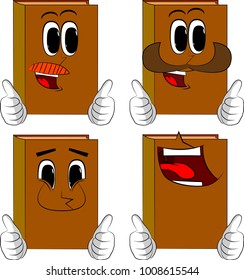 Books making thumbs up sign with two hands. Cartoon book collection with happy faces. Expressions vector set.