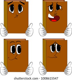 Books making thumbs up sign with two hands. Cartoon book collection with sad faces. Expressions vector set.